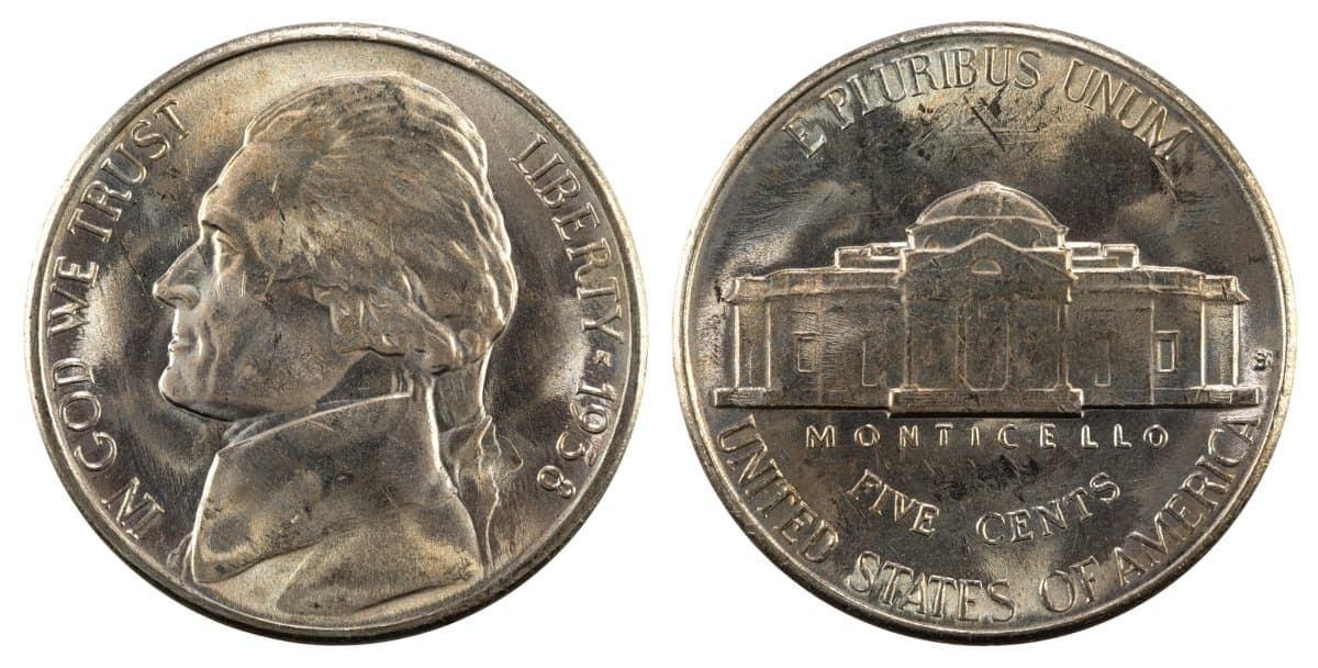 A 1938-S Jefferson nickel, front and back, with Monticello and a small S mint mark on the reverse