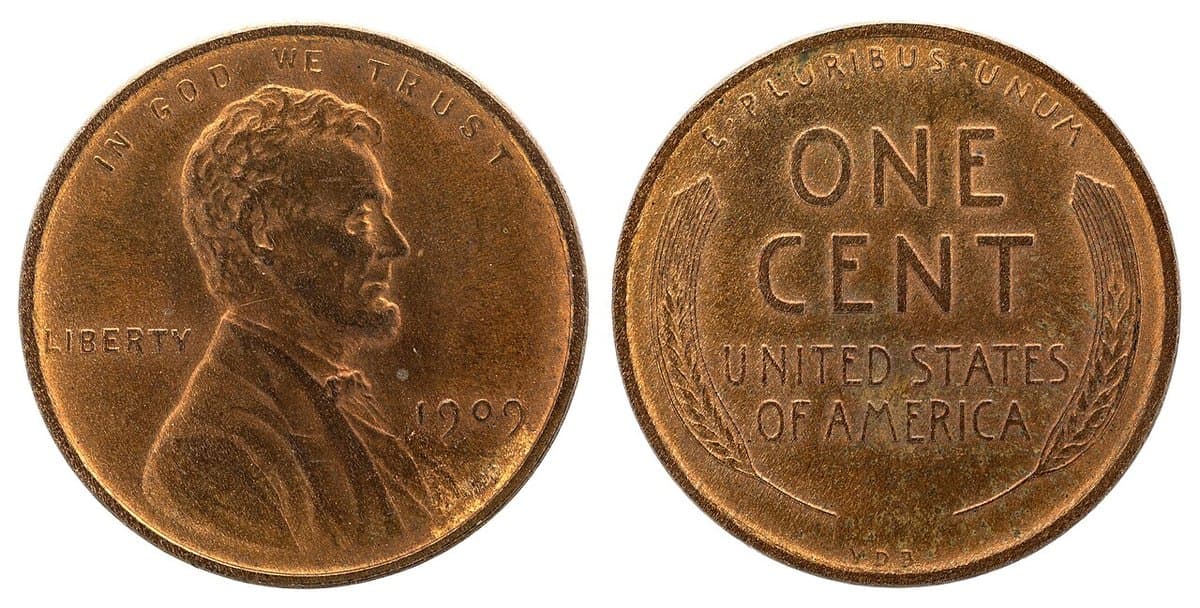 A 1909 Lincoln cent, front and back: Lincoln's portrait on the front, two wheat ears framing ONE CENT on the back